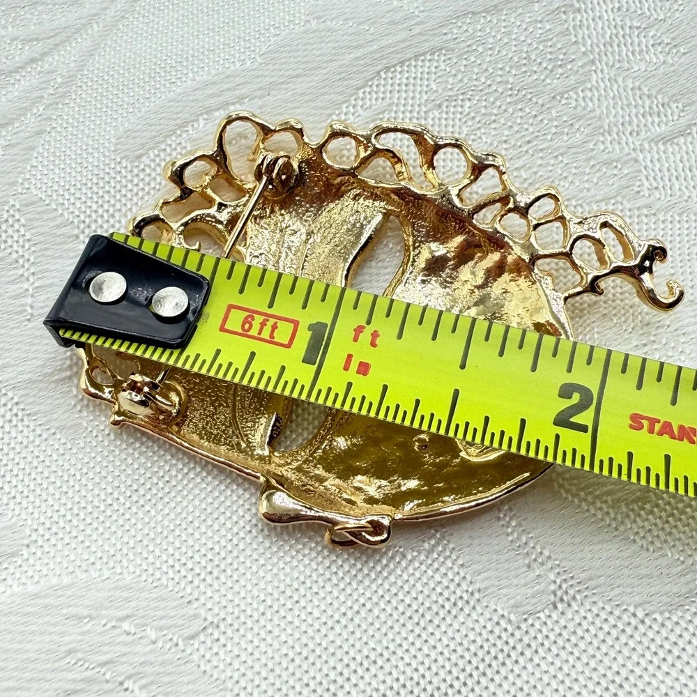 Vintage Gold Tone Theater Mask Woman Face Brooch w/ Rhinestones and Flowing Hair